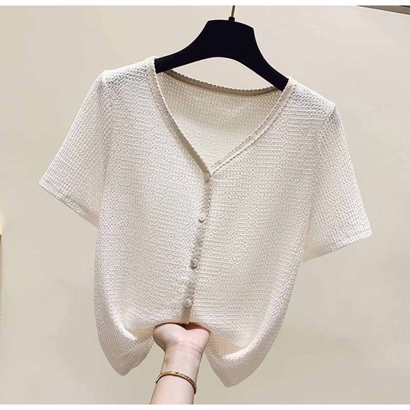 韩国洋气2025夏季新款V领T恤女开衫薄款短袖宽松显瘦百搭短款上衣