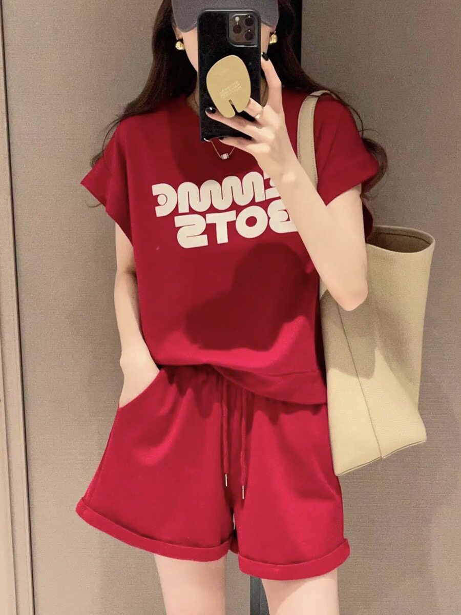 韩版炸街短袖运动服套装女夏时尚字母印花T恤休闲短裤洋气两件套