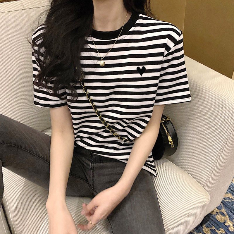 韩国2025春夏新爱心条纹t恤女短袖潮ins港风减龄宽松半袖洋气上衣