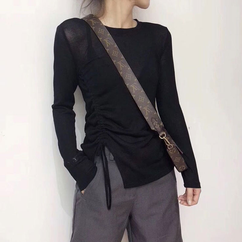 韩国2026春新款百搭显瘦黑色打底衫女开叉抽绳长袖薄款T恤上衣潮