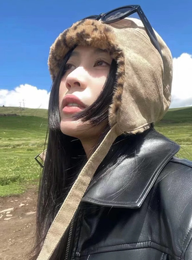 双面可戴毛绒豹纹雷锋帽子女秋冬季保暖加厚防寒骑车护耳飞行帽男