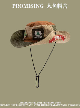 个性渔夫帽子男女复古补丁贴布街头潮牌登山帽户外露营西部牛仔帽