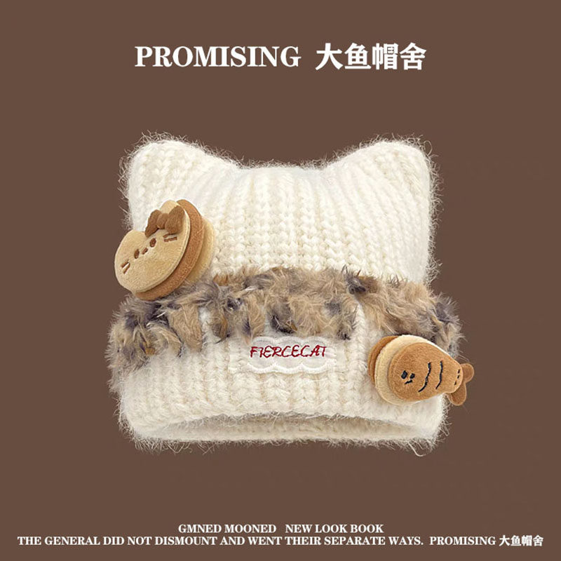 小鱼猫耳朵针织毛线帽女秋冬季可爱百搭显脸小防寒保暖护耳帽子潮