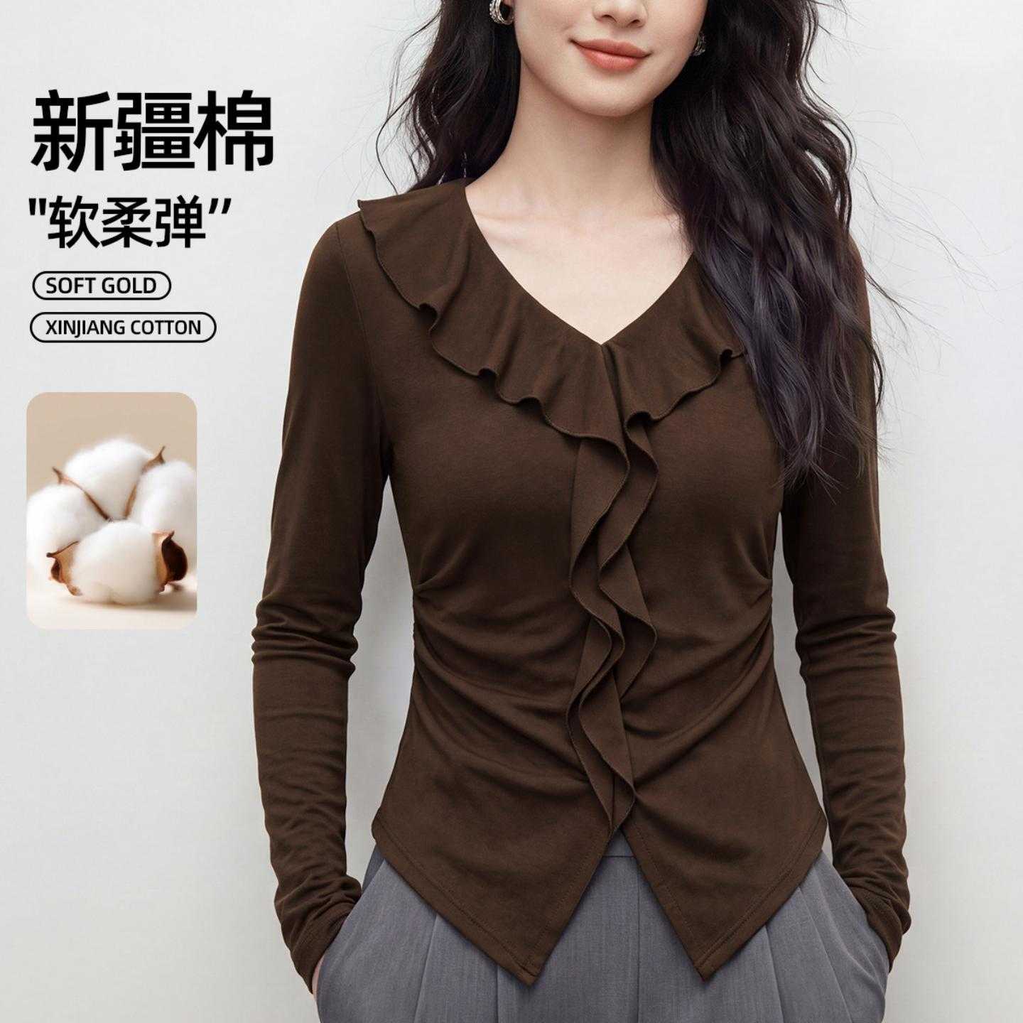 法式设计感V领荷叶边长袖T恤女