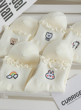 日系女袜纯色棉袜短筒袜卡通刺绣奶黄色小清新韩系春夏季薄款女生