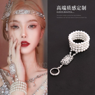 了不起的盖茨比同款手链中古戒指一体式珍珠手串小众复古礼服手环