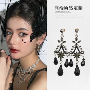 黑天鹅芭蕾黑水滴耳环复古宫廷水钻银针耳坠巴洛克在逃公主耳饰女