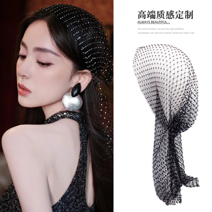 闪钻网格头巾甜酷辣妹发饰小众高级感渔网头饰满钻发带包头发帽女
