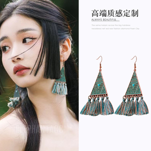 几何三角民族风耳环复古青绿流苏波西米亚耳饰文艺设计感无洞耳夹