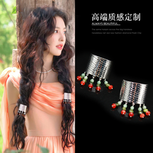 新中式波西米亚天然石流苏发扣小众设计感遮盖皮筋民族风金属发环