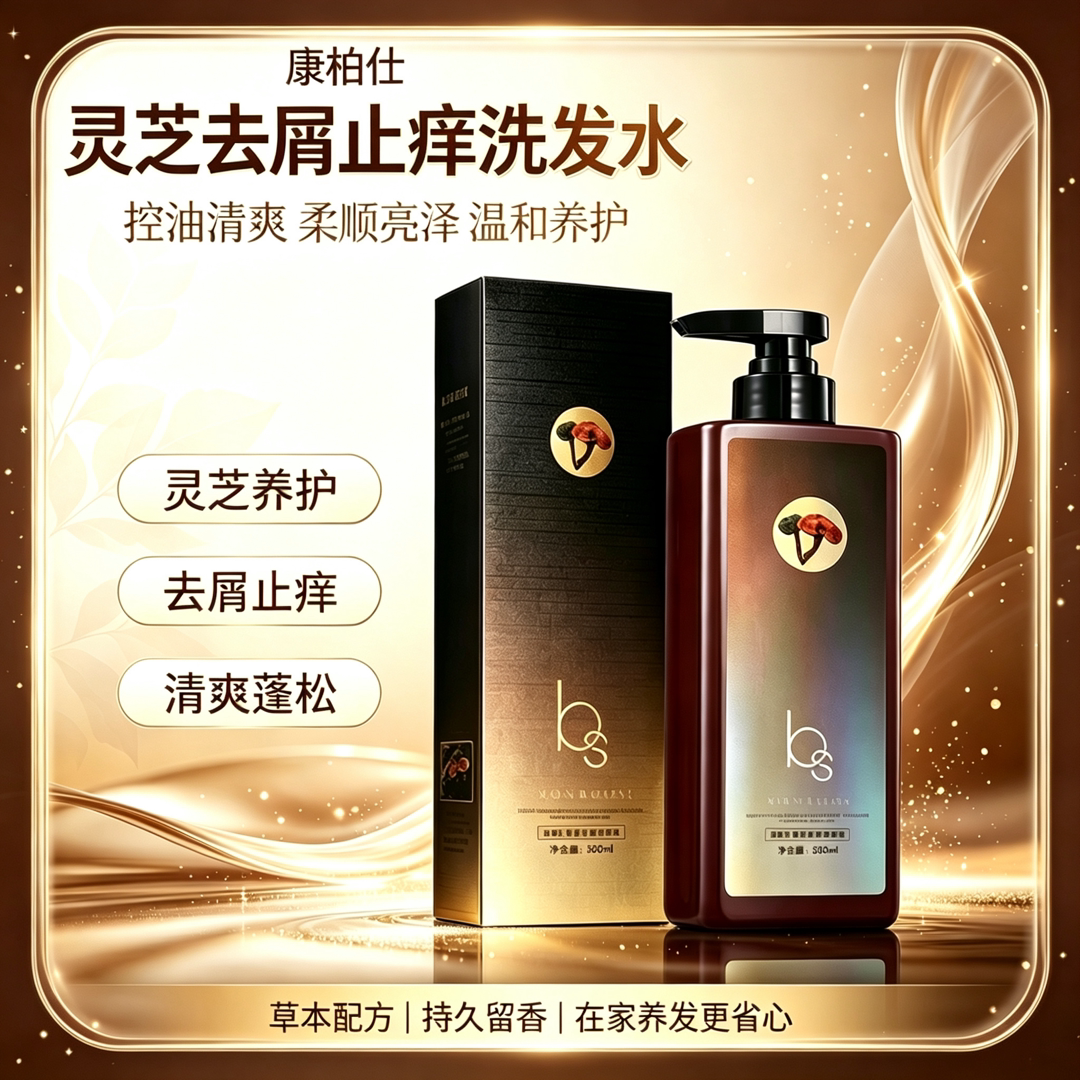 康柏仕灵芝精华去屑止痒洗发水清爽防脱柔顺改善毛躁头皮舒缓护理