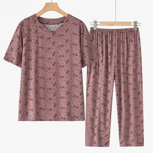 夏季中老年妈妈奶奶可外穿宽松大码短袖家居服睡衣女印花套装薄款