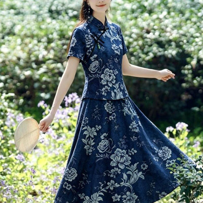 夏季2026新款时尚潮流休闲女士套装复古国风旗袍T恤半身裙两件套