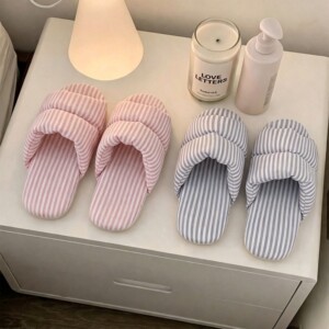 女款条纹布艺防滑透气四季凉拖