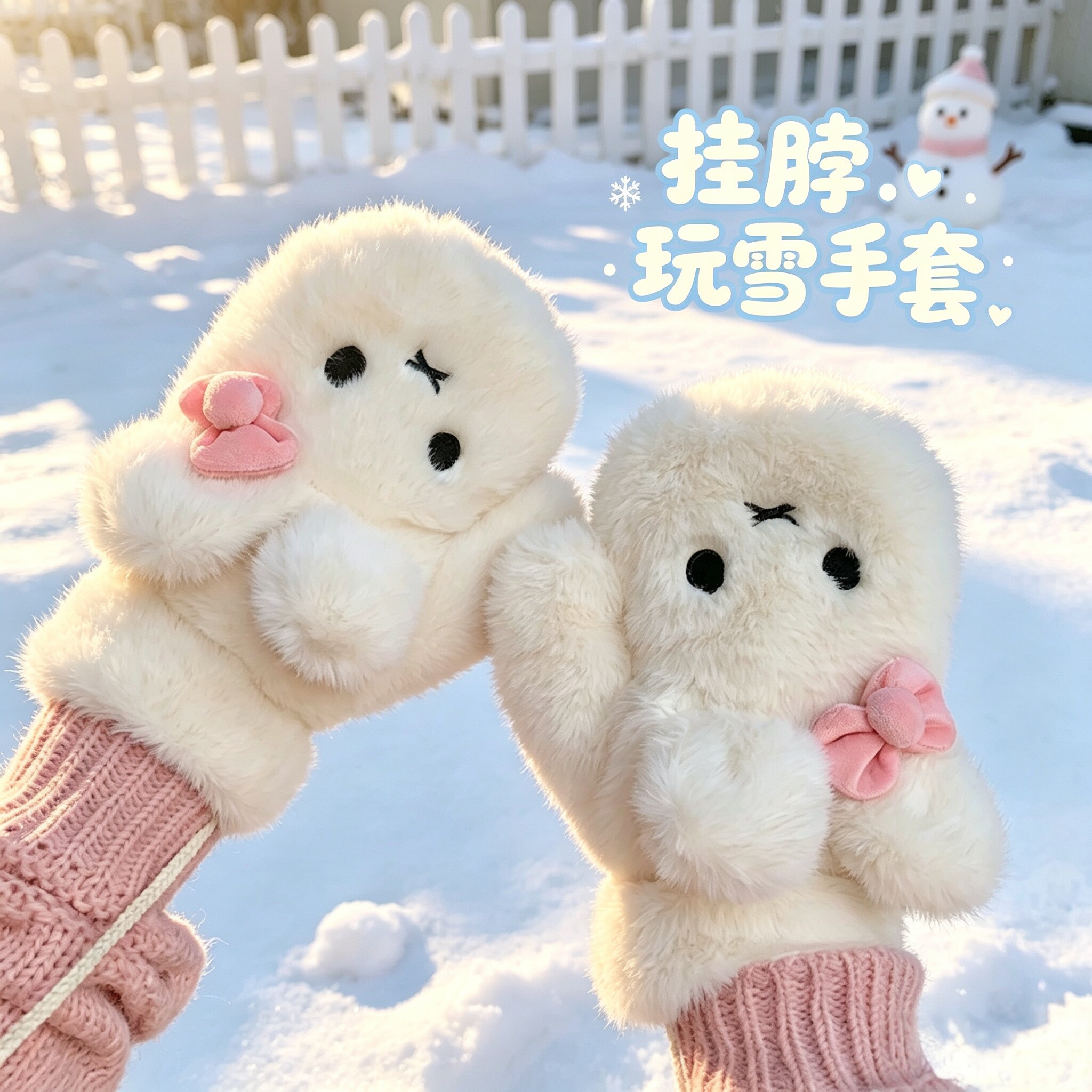 手套女冬季2026新款可爱毛绒保暖骑行挂脖户外加绒加厚玩雪棉手套