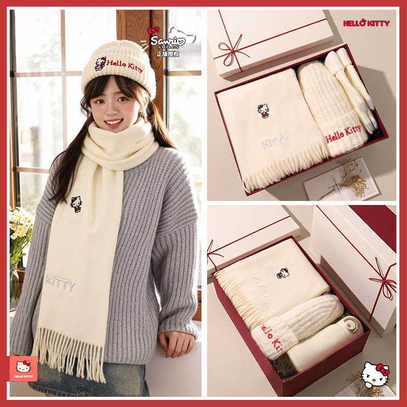 hellokitty帽子女款2025新款冬季生日礼物女生围巾手套三件套礼盒