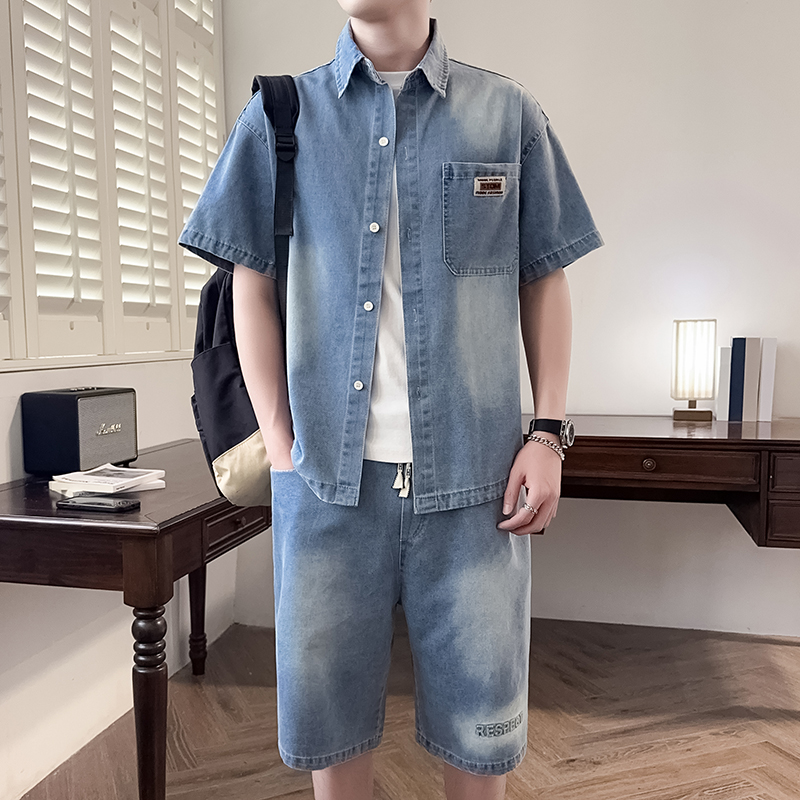 牛仔短袖衬衫男夏季薄款休闲