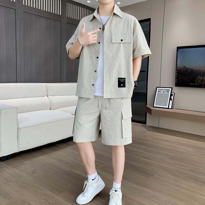 男士夏季冰丝衬衫休闲运动套装