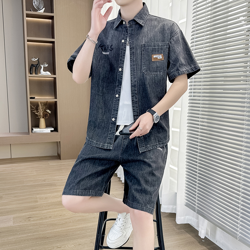 牛仔衬衫套装男士夏季薄款短袖短裤一套帅气搭配潮牌夏装半袖衬衣