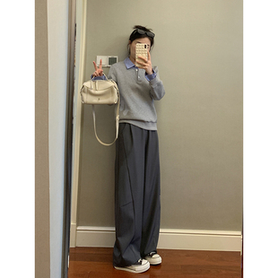 花总吖   春季新款miu系格雷灰腔调感休闲西装裤后松紧阔腿西裤