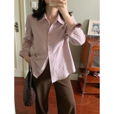 花总吖 秋冬新款灰调粉显白苎麻棉刺绣衬衫小版叠搭韩系外套女