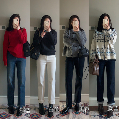 多色加绒窄版直筒九分烟管牛仔裤