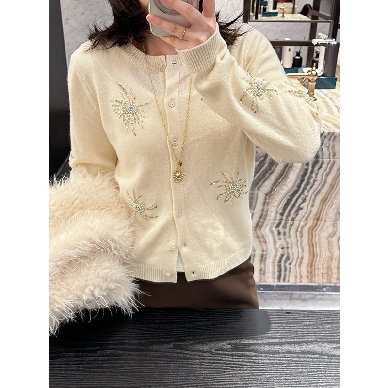 温柔风全羊毛绣珠烟花毛衣开衫