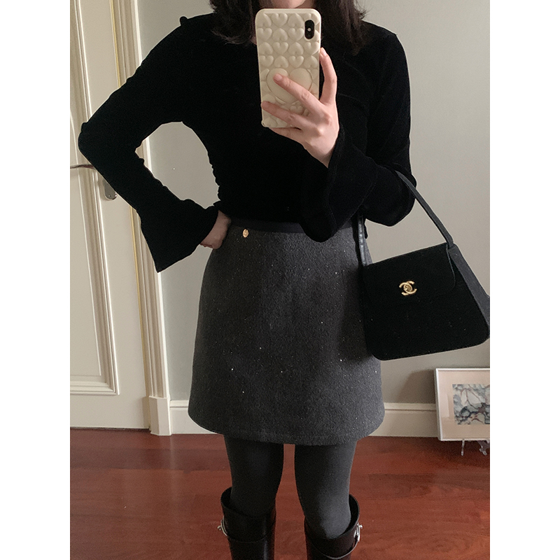 花总吖  秋冬新款韩系精致灰色亮片小香毛呢半裙百搭遮胯A字半裙