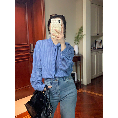 【现货款】花总吖 初秋新款韩版小清新领口蓝白小格子miu感衬衫