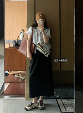 花总吖  夏款韩版简约抽绳松紧腰直筒半身裙弹力面料百搭显瘦卫裙