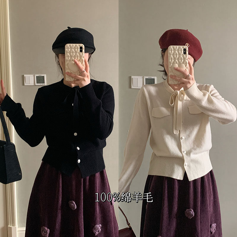 韩系100绵羊毛飘带领针织毛衣