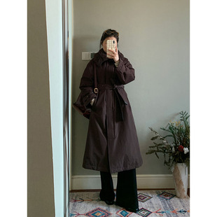 花总吖 秋冬新款率性防风收腰风衣式长款羽绒服设计款保暖羽绒服