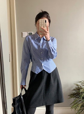 花总吖  秋冬新款韩系高智感正肩收腰条纹衬衫小版设计感叠搭衬衫