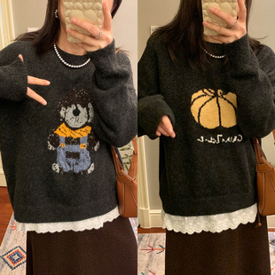 花总吖 秋冬款小众设计感撞色花边下摆提花图案毛衣拼接撞色毛衣