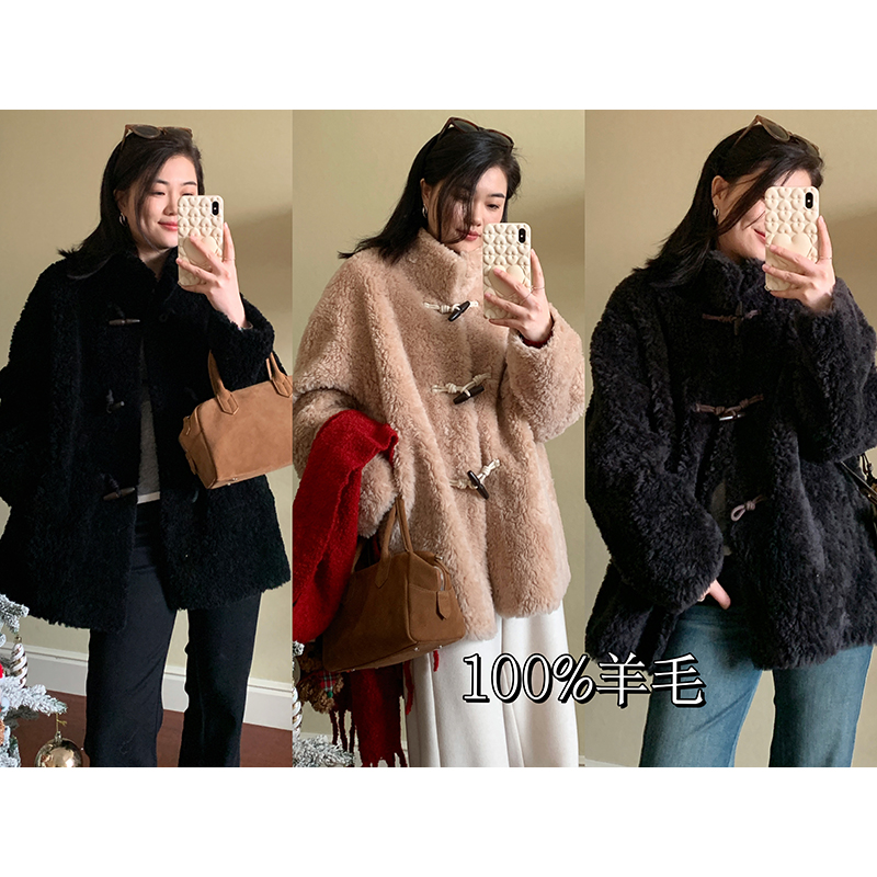 花总吖【初雪信使】2025秋冬新款立领牛角扣皮毛一体绵羊毛外套