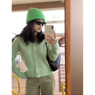 花总吖   春季新款韩系苹果绿圆领圈圈纱开衫毛衣治愈色短款毛衣