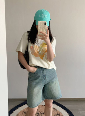 花总吖 夏款韩系米黄色葫芦印花正肩休闲T恤百搭显瘦宽松版短袖