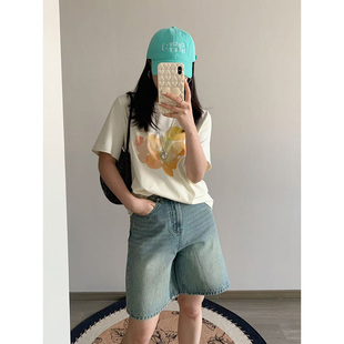 花总吖 夏款韩系米黄色葫芦印花正肩休闲T恤百搭显瘦宽松版短袖