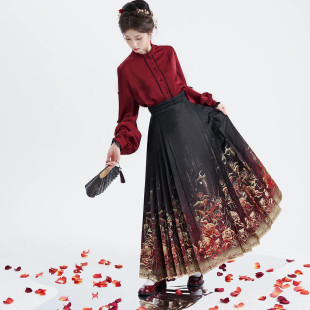 马面裙2026年新款 汉服半身裙改良国风黑色 织金鎏金玫瑰刺绣新中式