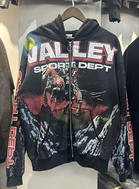 2025美潮Vale Valley骑士印花洗水泥印做旧连帽拉链开衫卫衣外套