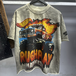 2025美式潮牌RoughPlay复古做旧洗水破洞卷边男女情侣宽松短袖T恤