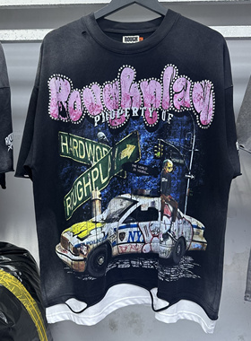 美式潮牌RoughPlay复古做旧洗水破洞卷宽松拼接烫钻嘻哈短袖T恤