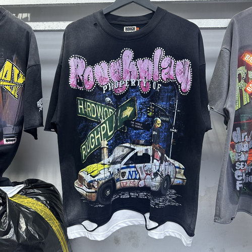 美式潮牌RoughPlay复古做旧洗水破洞卷宽松拼接烫钻嘻哈短袖T恤