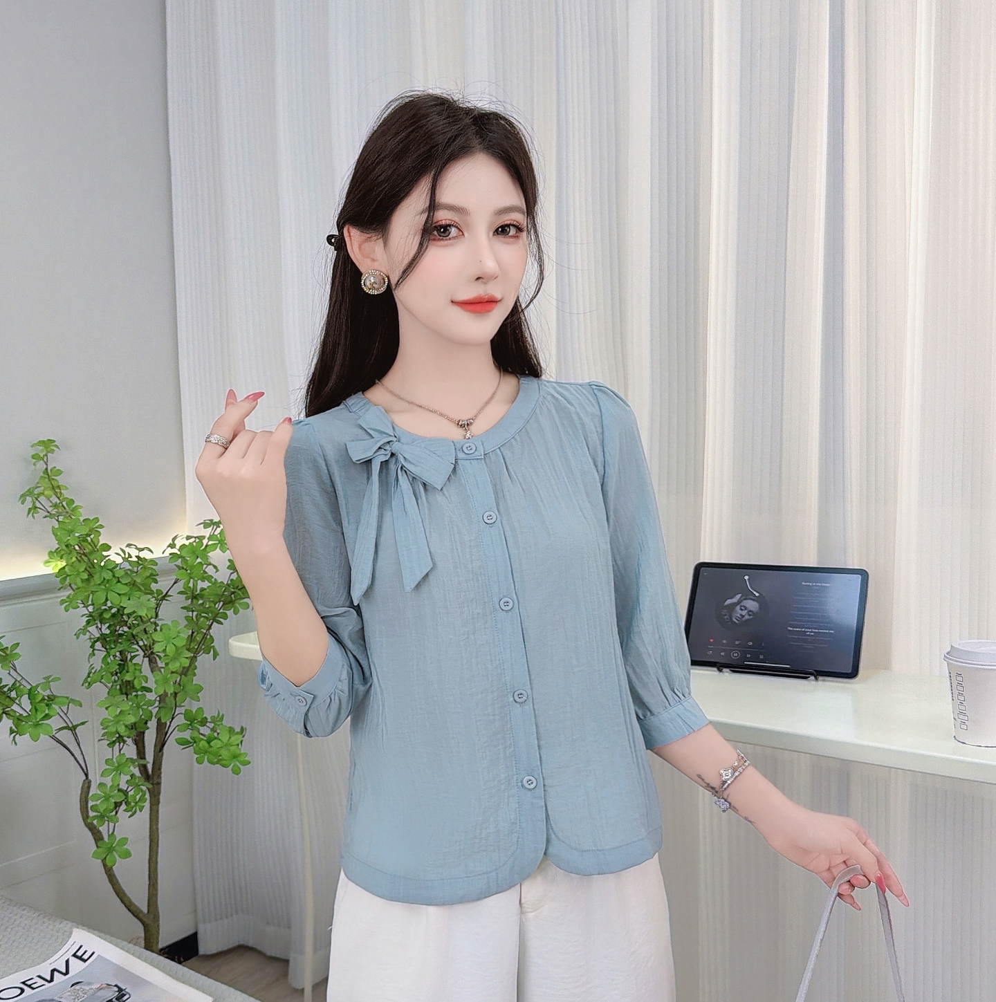 2026春妈妈洋气蝴蝶结七分袖T恤