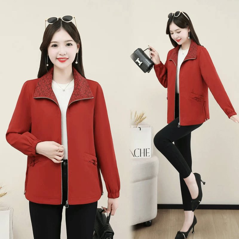 小个子妈妈春秋短款格子翻领外套2024爆款宽松休闲百搭夹克上衣女