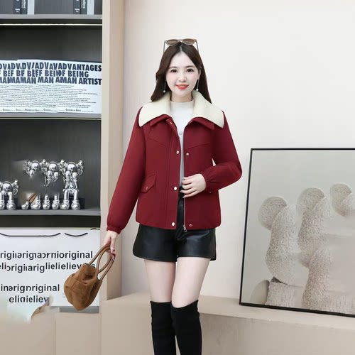 冬季大翻领短款加绒加厚女棉服