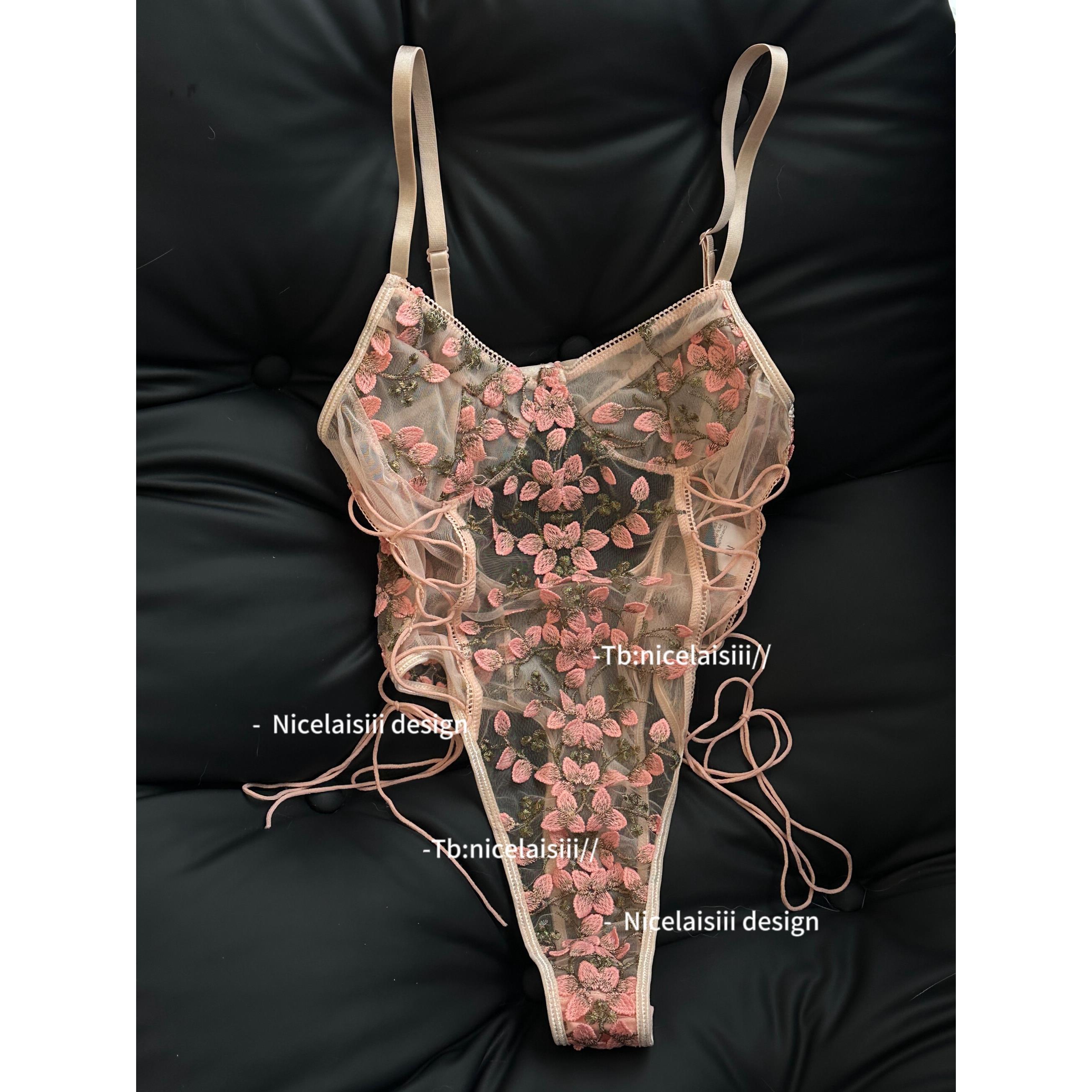 蕾丝花朵刺绣绑带性感透视法式连身衣纯欲风吊带