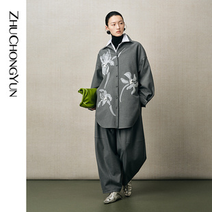 型腰间绑带裤 ZHUCHONGYUN2025冬新款 宽松版 茧型阔腿裤 子 东方中式