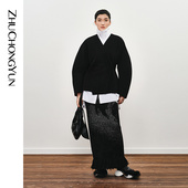 ZHUCHONGYUN冬季 简约交领立裁黑色驼绒羊毛双面呢合身外套