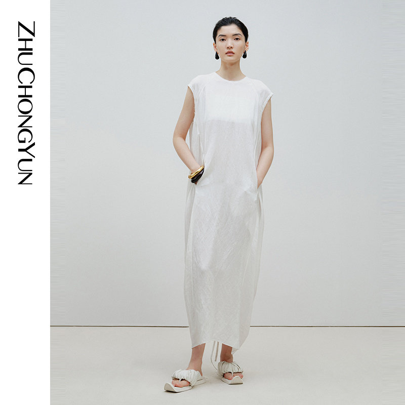 ZHUCHONGYUN夏季优雅白色抽绳设计感V领长款连衣裙